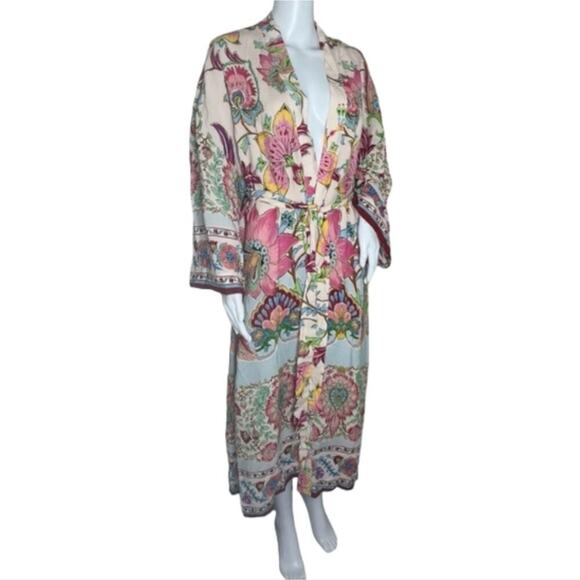 ZARA Pink Printed Belted Long Line Open Front Kimono Robe Duster Sz XS S M New - Picture 4 of 15